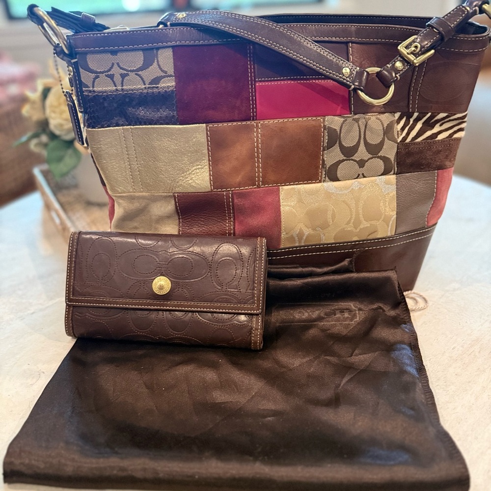 “COACH” Patchwork Leather Tote and Wallet Set